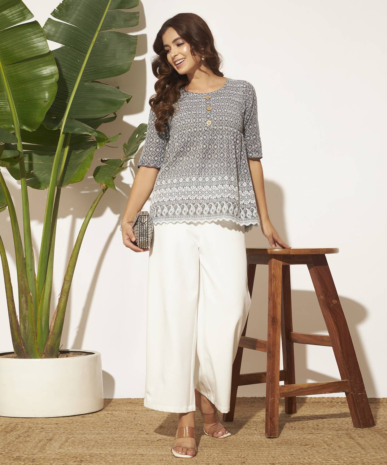 CANBLAR Casual Embroidered Women Grey Top