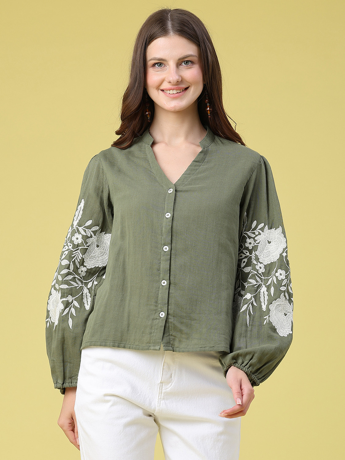 Image of LIMEROAD Casual Embroidered Women Green Top