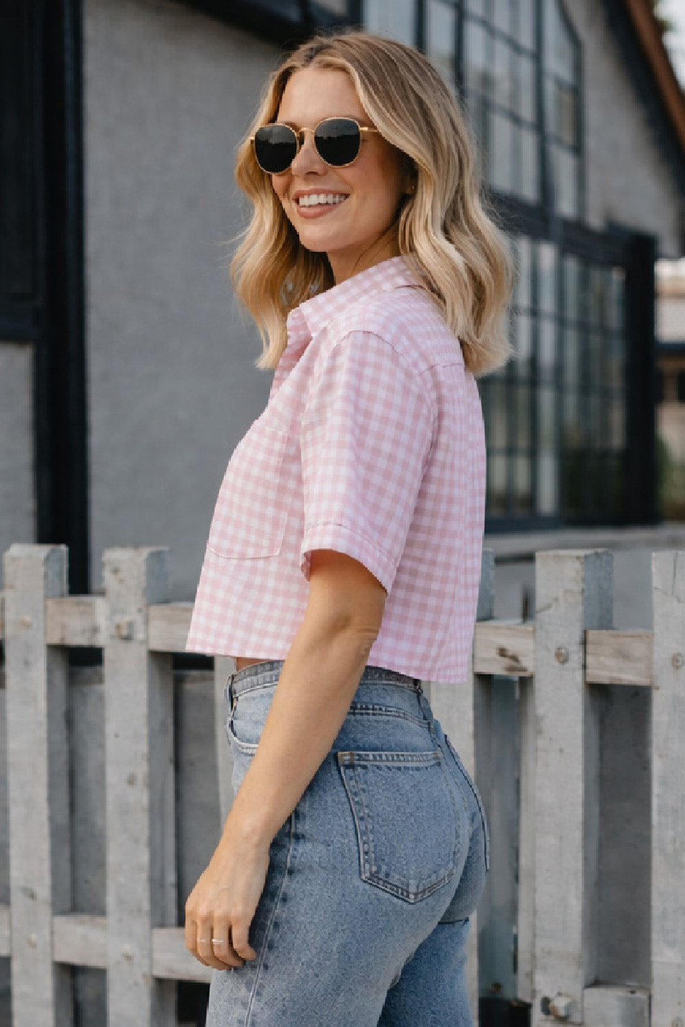 Image of AMPK Casual Checkered Women Pink Top