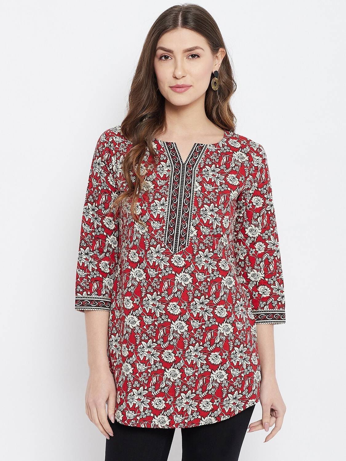 Meesan Women Printed Cotton Blend A-line Kurta (Red)