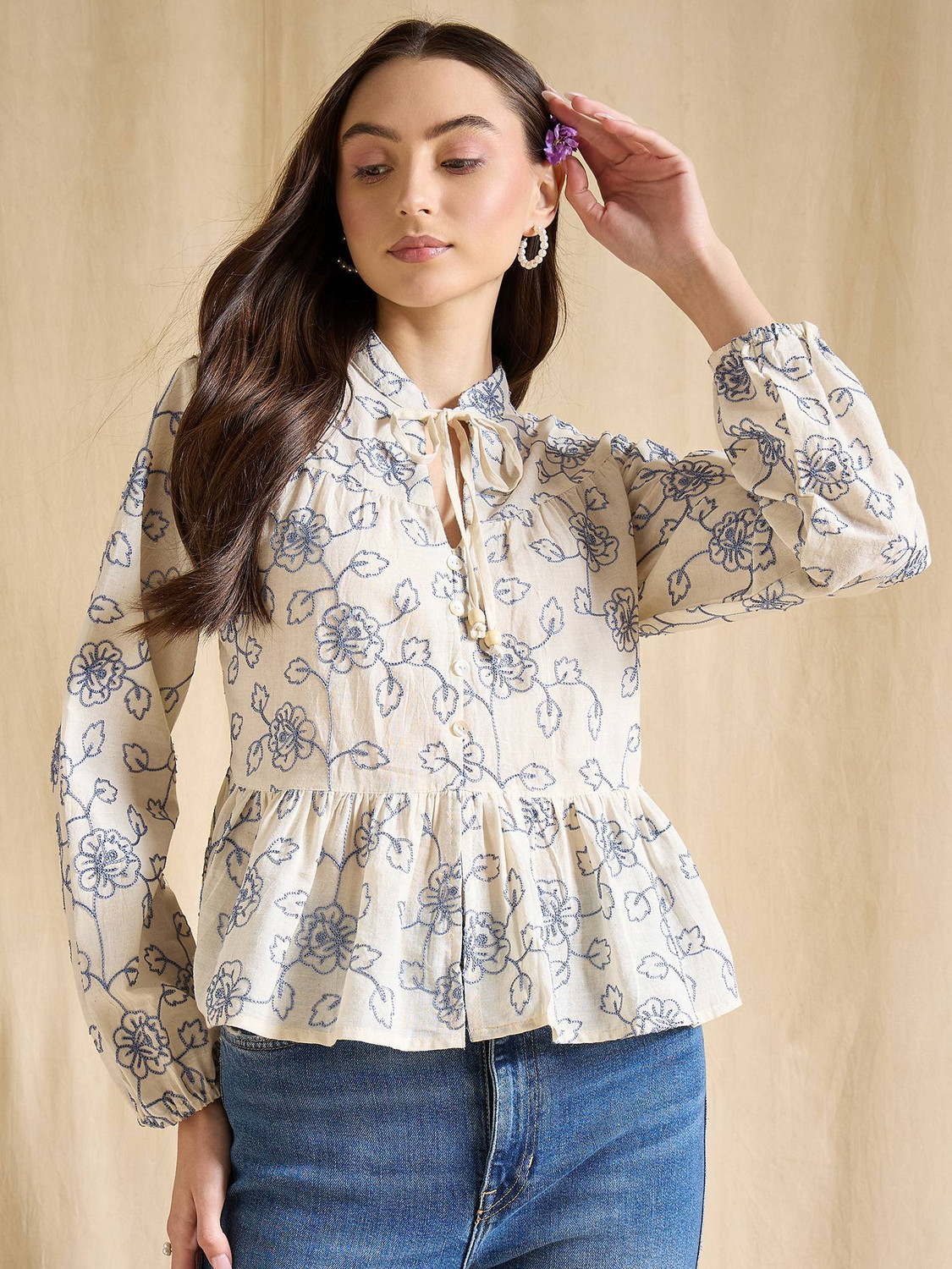 Image of DRAPE AND DAZZLE Casual Floral Print Women Blue Top