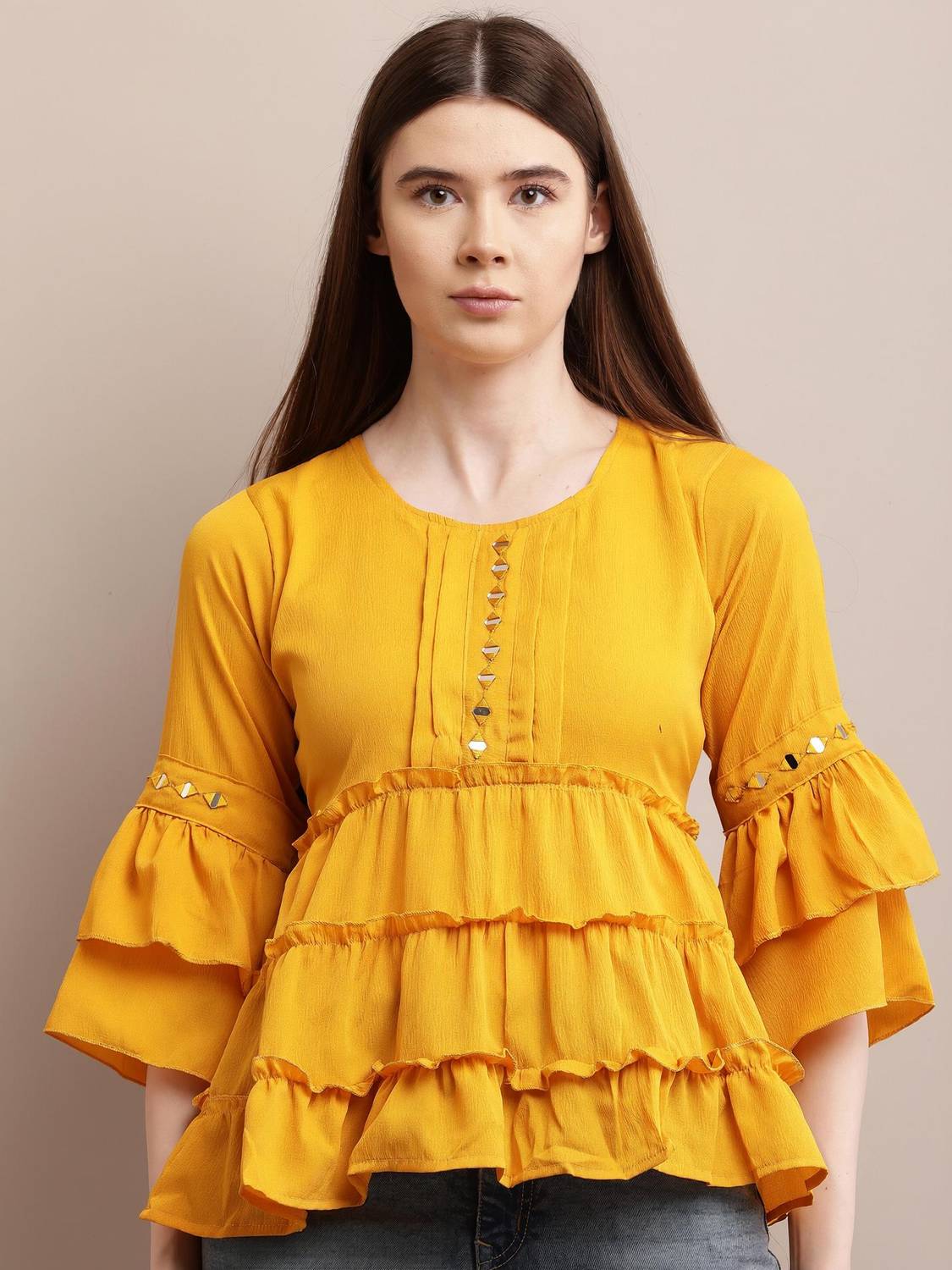 CLUBBORN Casual Self Design Women Yellow Top