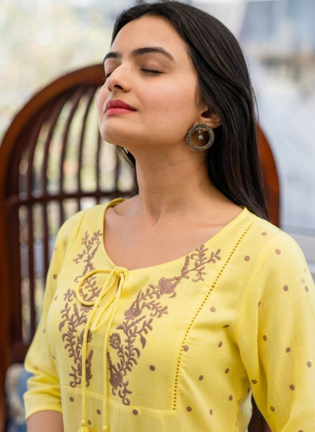 Image of RR SA KURTIS Casual 3 /4 Sleeve Embroidered, Polka Print Women Yellow Top