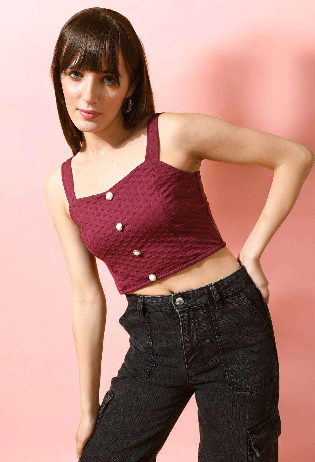 Arbiter Collection Casual Self Design Women Maroon Top