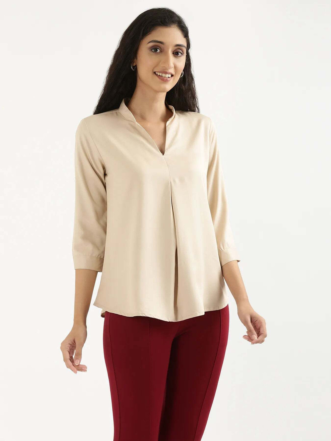 Image of Kavisaa Casual Solid Women Beige Top
