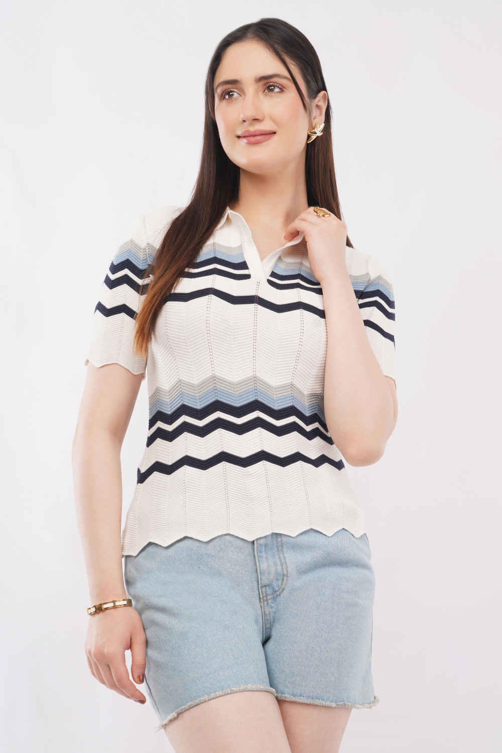 Image of IROZI Casual Chevron /Zig Zag Women Multicolor Top