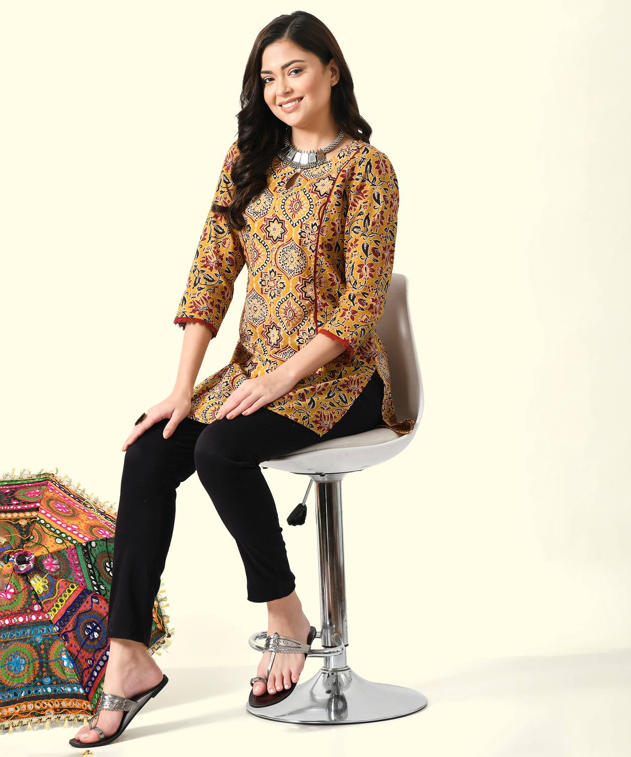 Meesan Women Floral Print Pure Cotton A-line Kurta (Yellow)