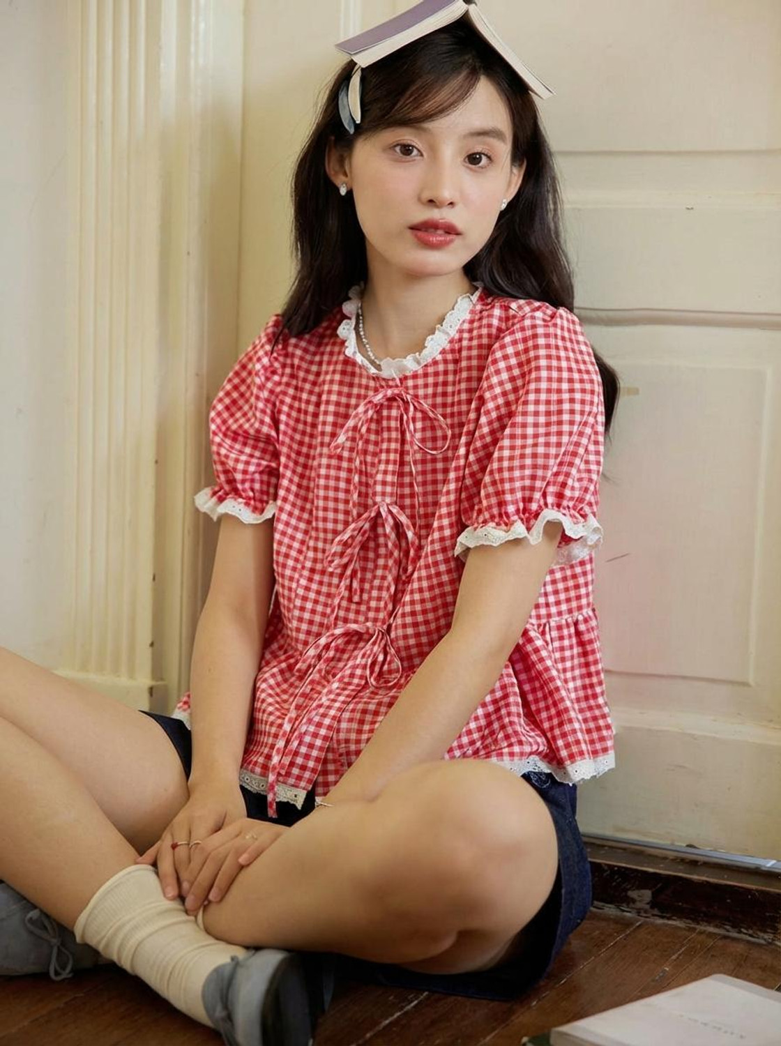 Image of QUINTESSENTIALS Casual Checkered Women Red Top