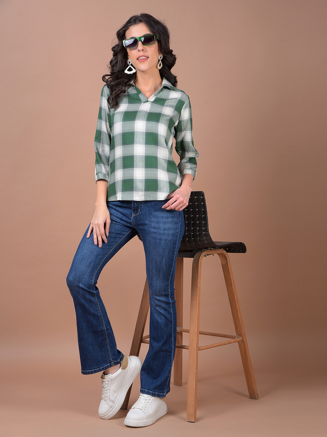 Image of CRIMSOUNE CLUB Casual Checkered Women Green Top