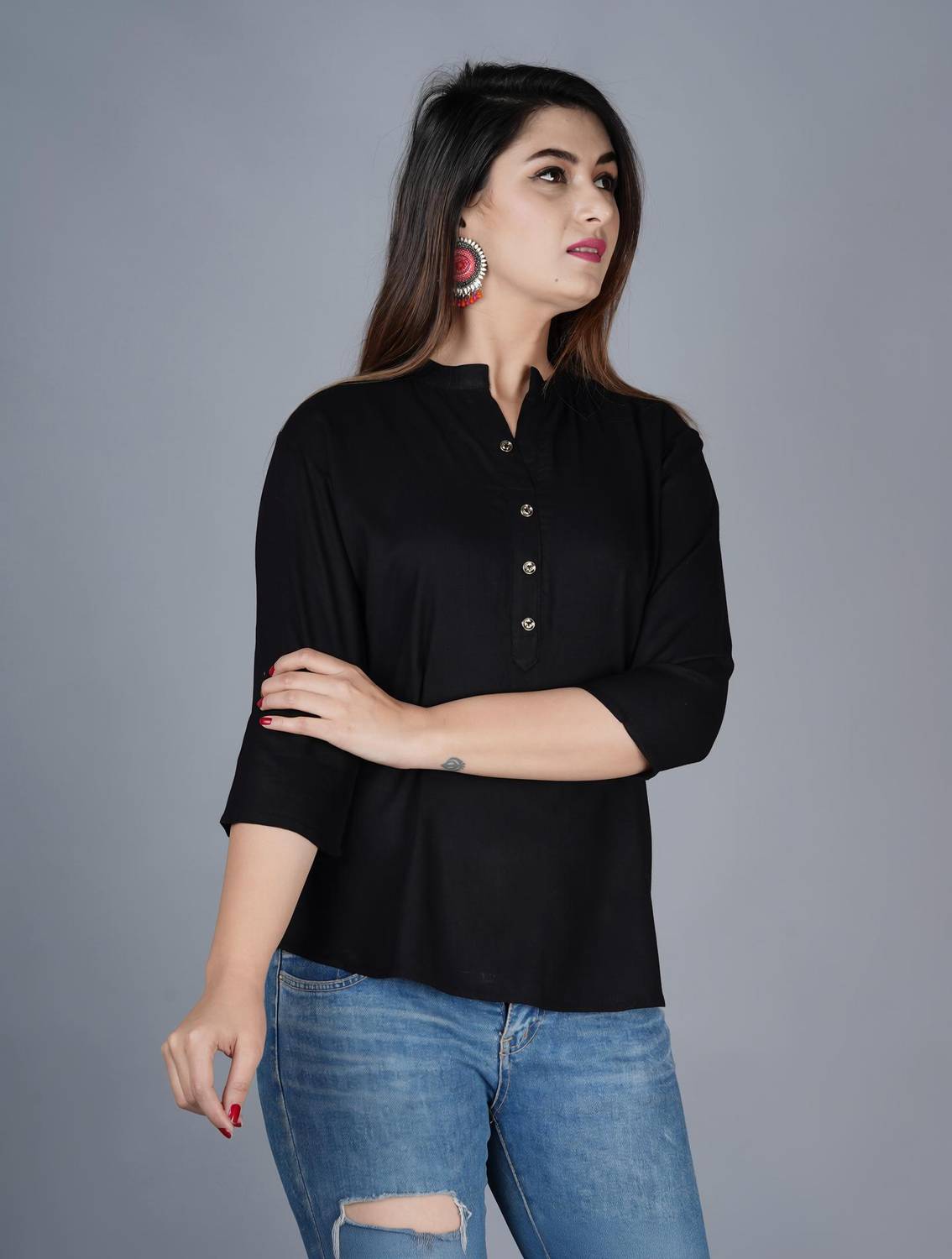 Brijam Casual 3/4 Sleeve Solid Women Black Top