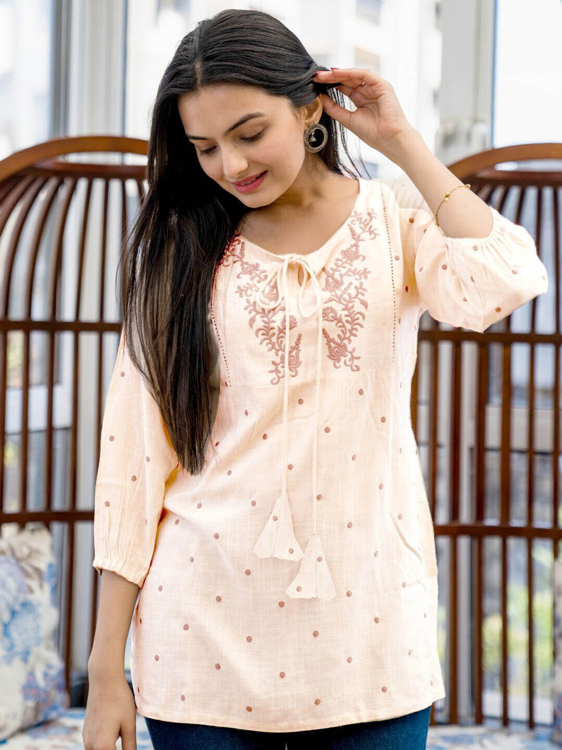 Image of RR SA KURTIS Party Embroidered Women Beige Top