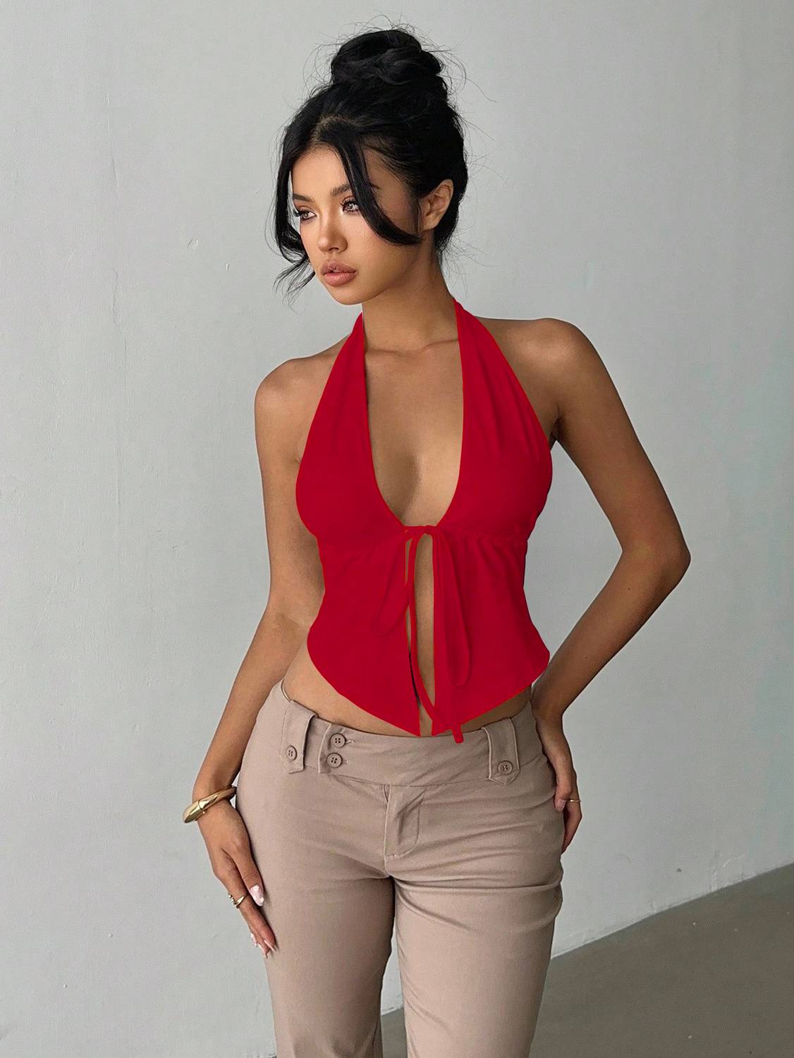 KATECLO Casual Sleeveless Solid Women Red Top