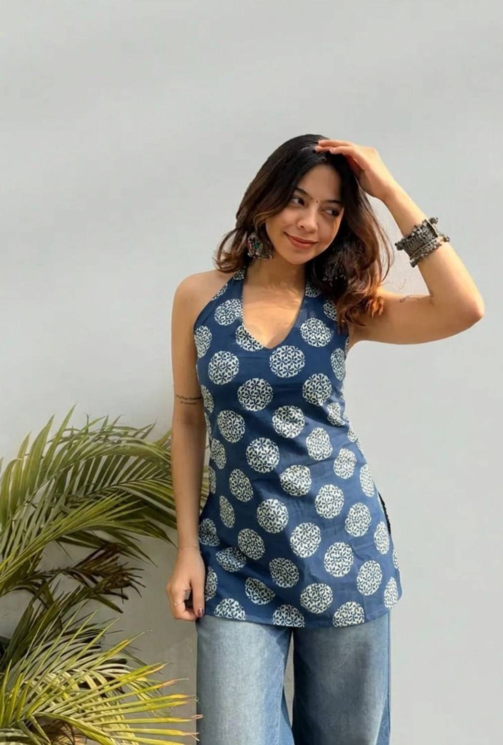 Krishna sakhi Casual Sleeveless Printed Women Blue Top