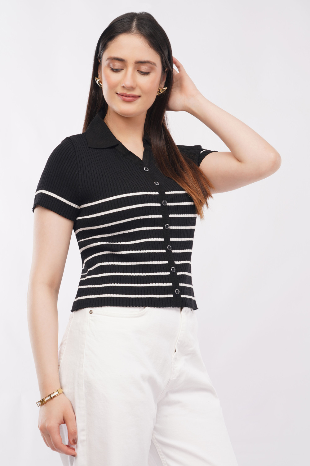 Image of IROZI Casual Striped Women Black Top