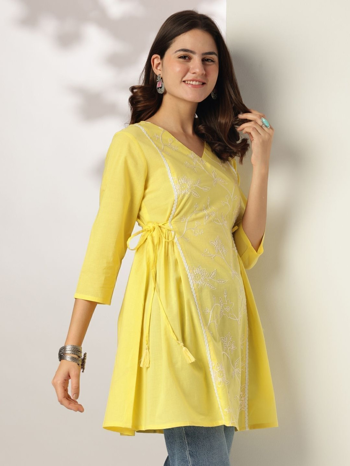 Image of Janasya Casual Embroidered Women Yellow Top