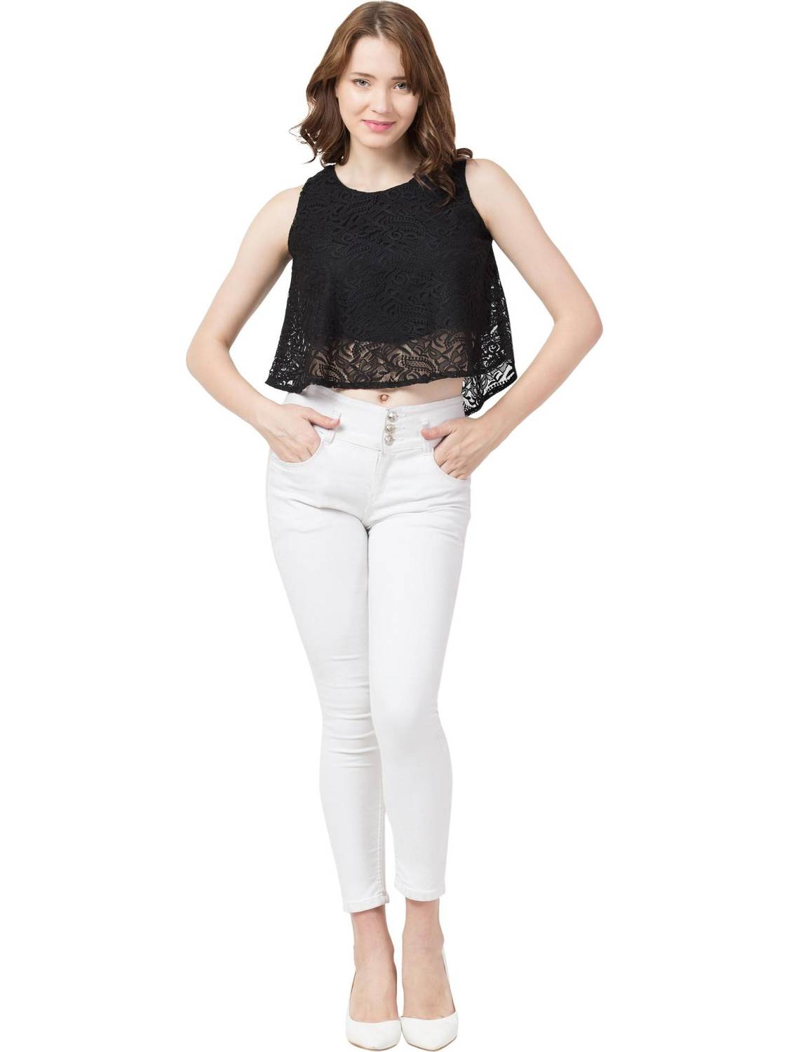 ADDICTED ATTIRE Casual No Sleeve Self Design Women Black Top