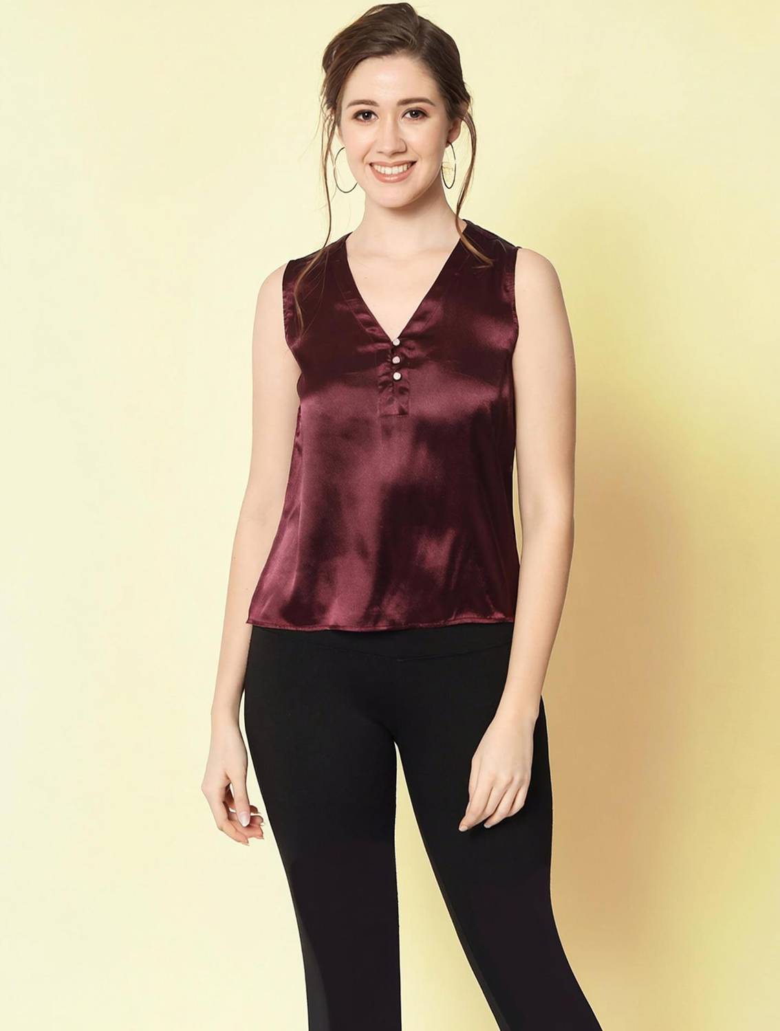 CHARMGAL Casual Solid Women Maroon Top