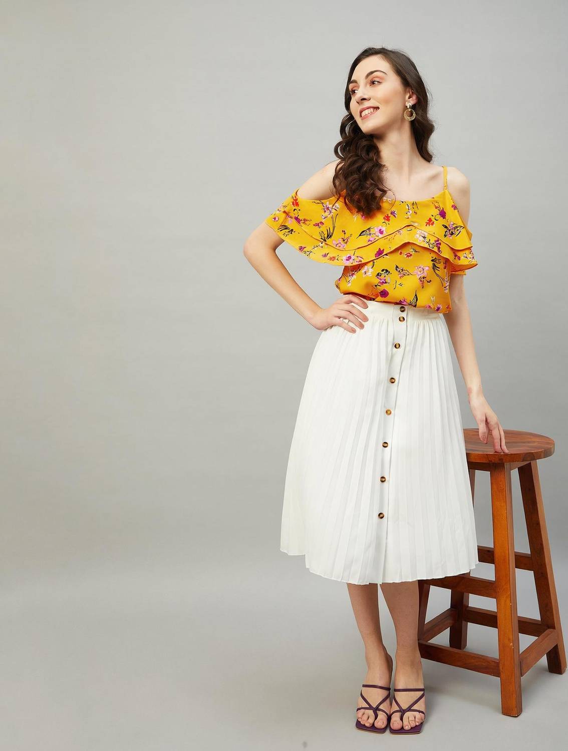Chimpaaanzee Casual Cold Shoulder Floral Print, Printed Women Yellow Top
