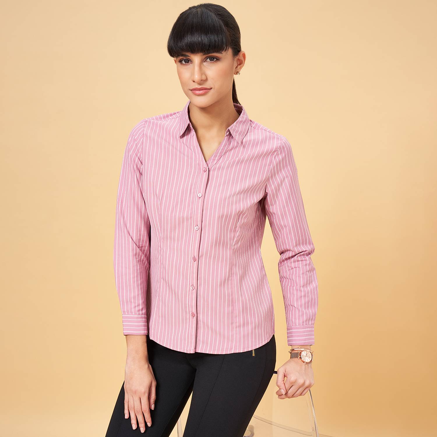 Annabelle by Pantaloons Women Printed Formal Pink Shirt