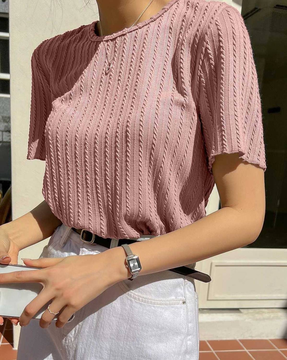 1stLov Casual Self Design Women Pink Top