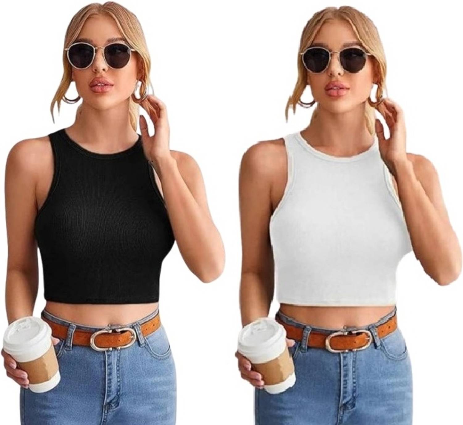 Pack of 2 Casual Sleeveless Self Design, Solid Women White, Black Top