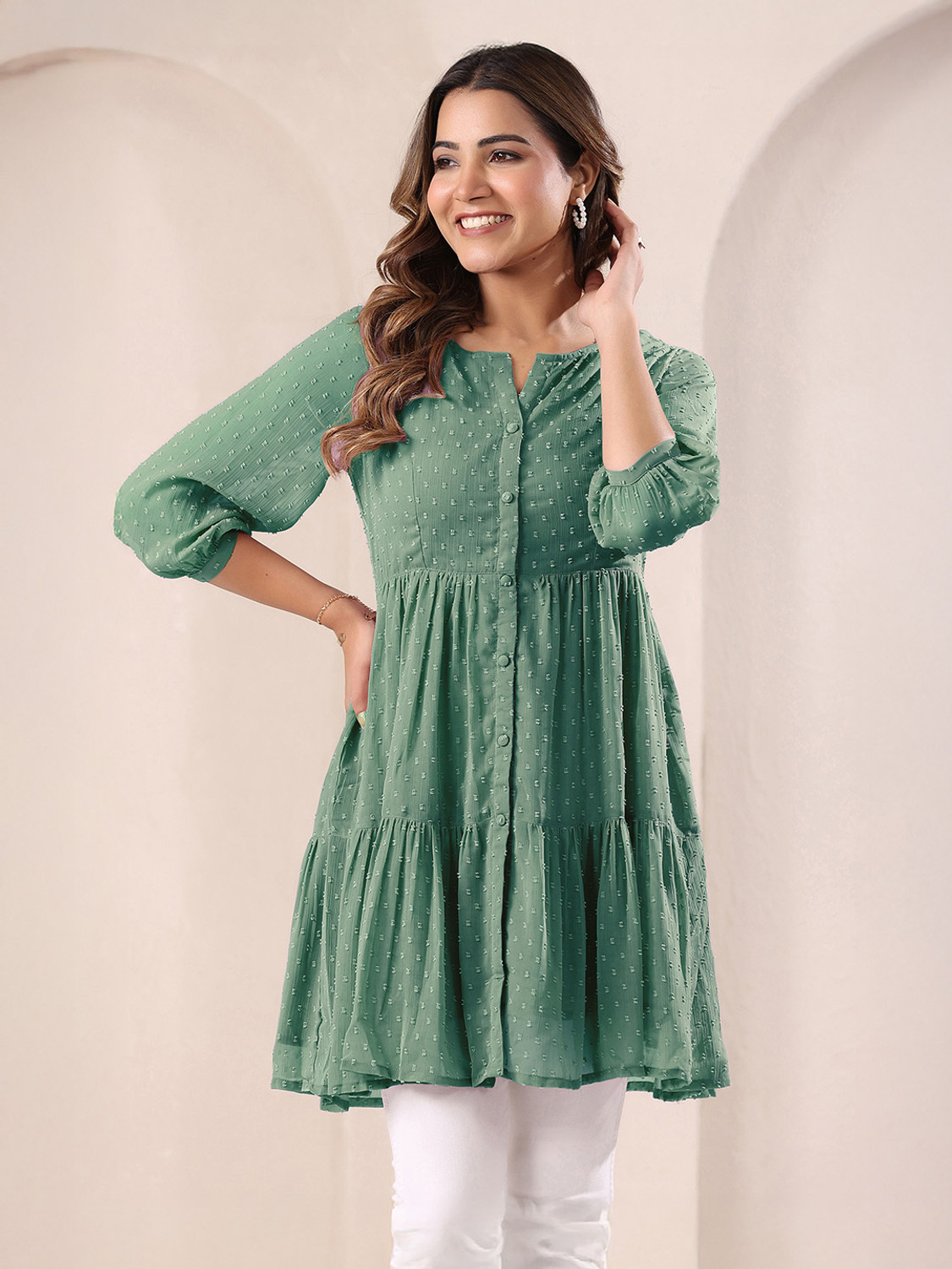 Image of Janasya Casual Polka Print Women Green Top