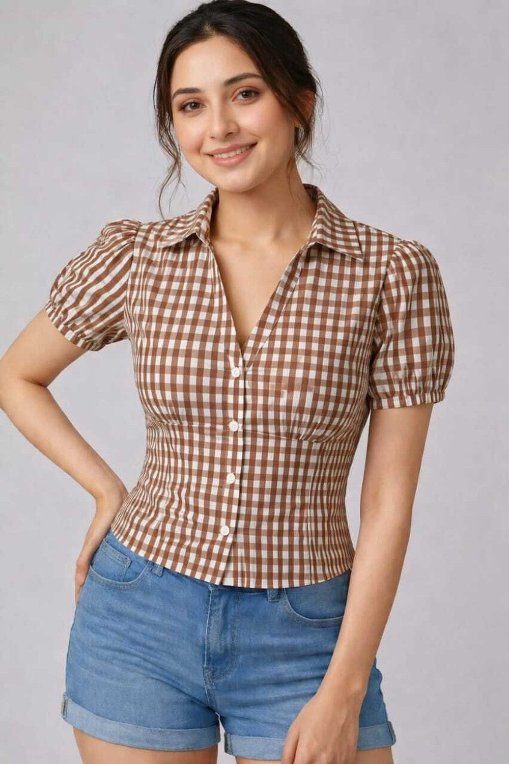 Image of AAPASA Casual Checkered Women Brown Top