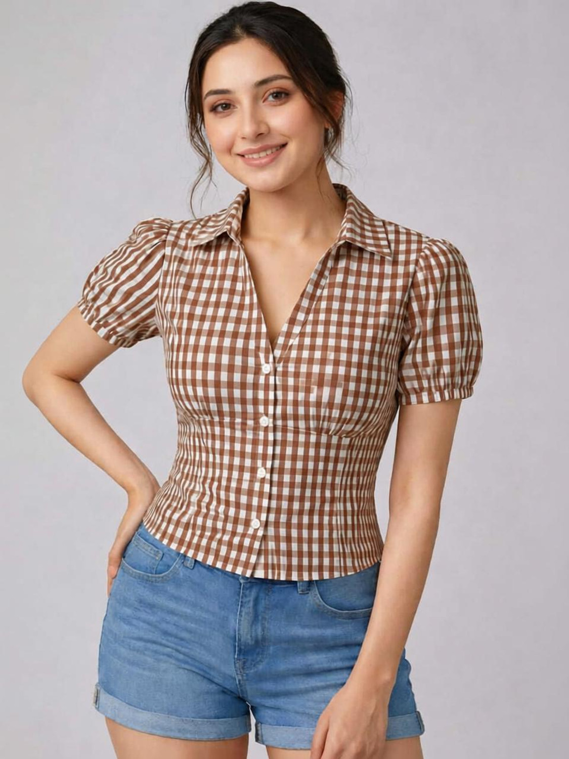 AAPASA Casual Floral Print Women Brown Top