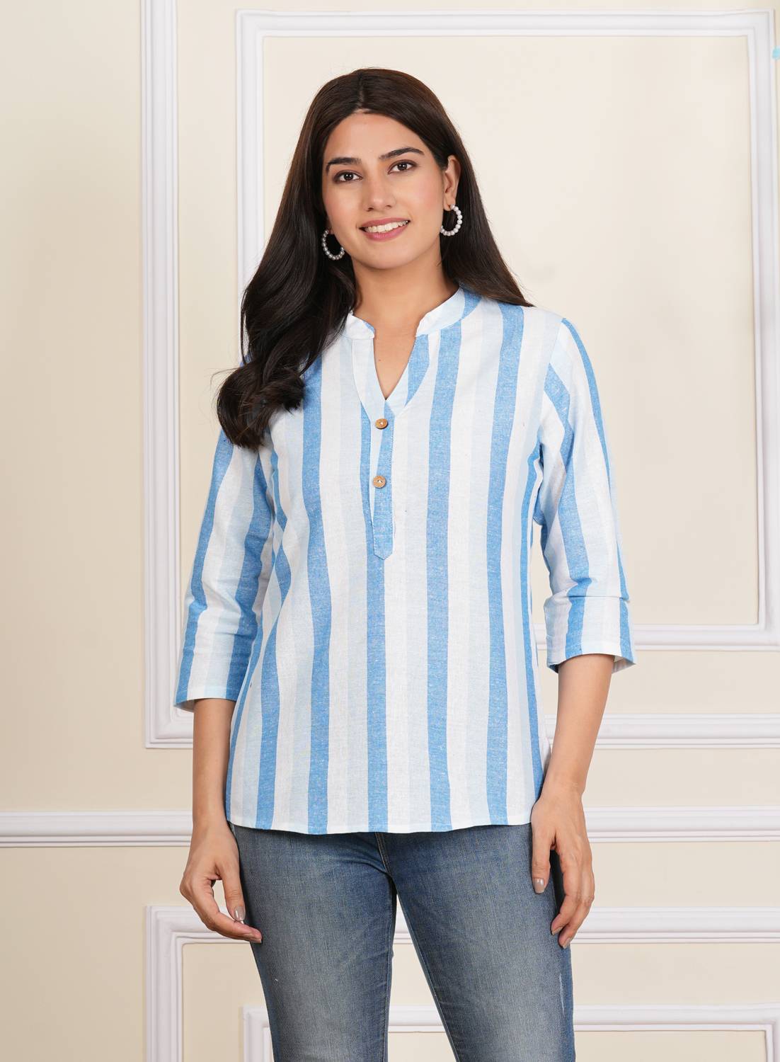amaya creative center Casual Striped Women Blue, White Top