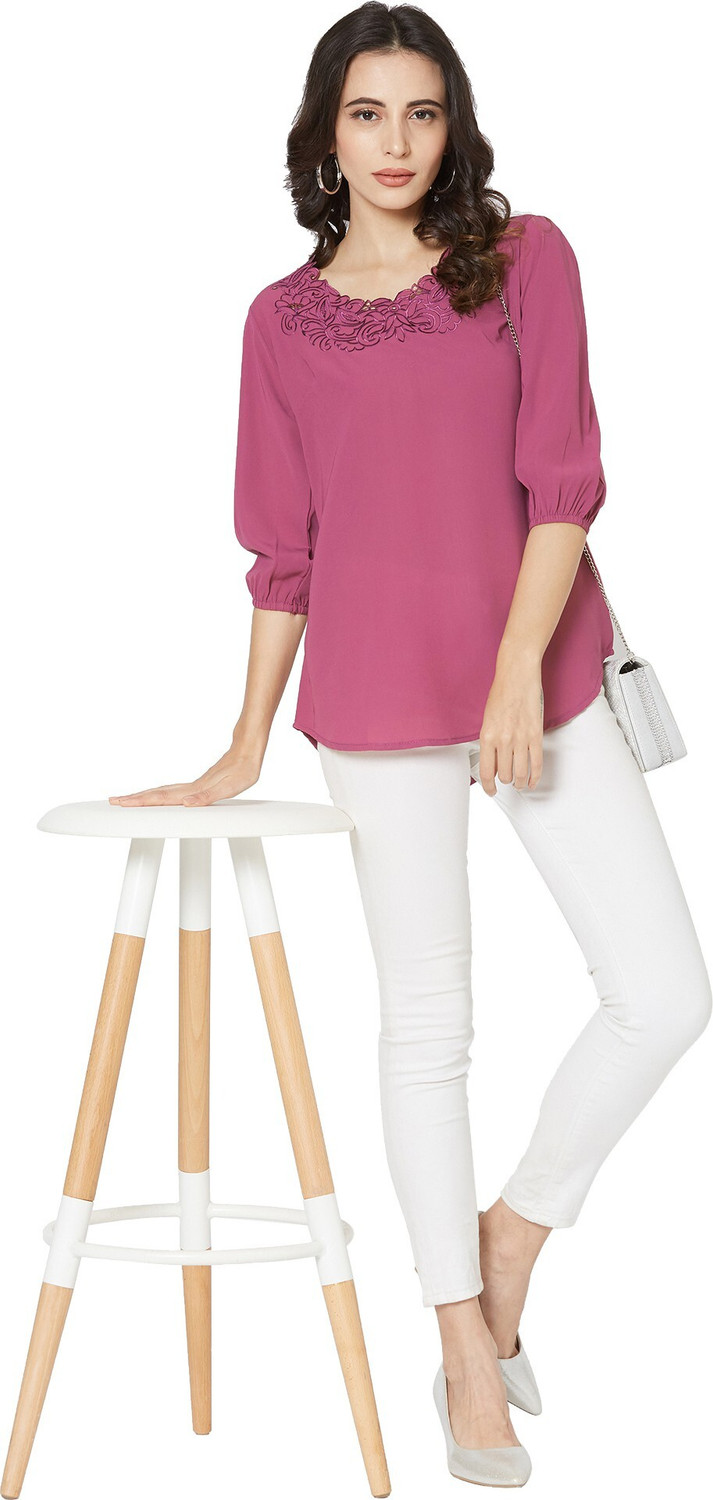 Image of GO.4.IT Casual 3 /4 Sleeve Embroidered Women Pink Top