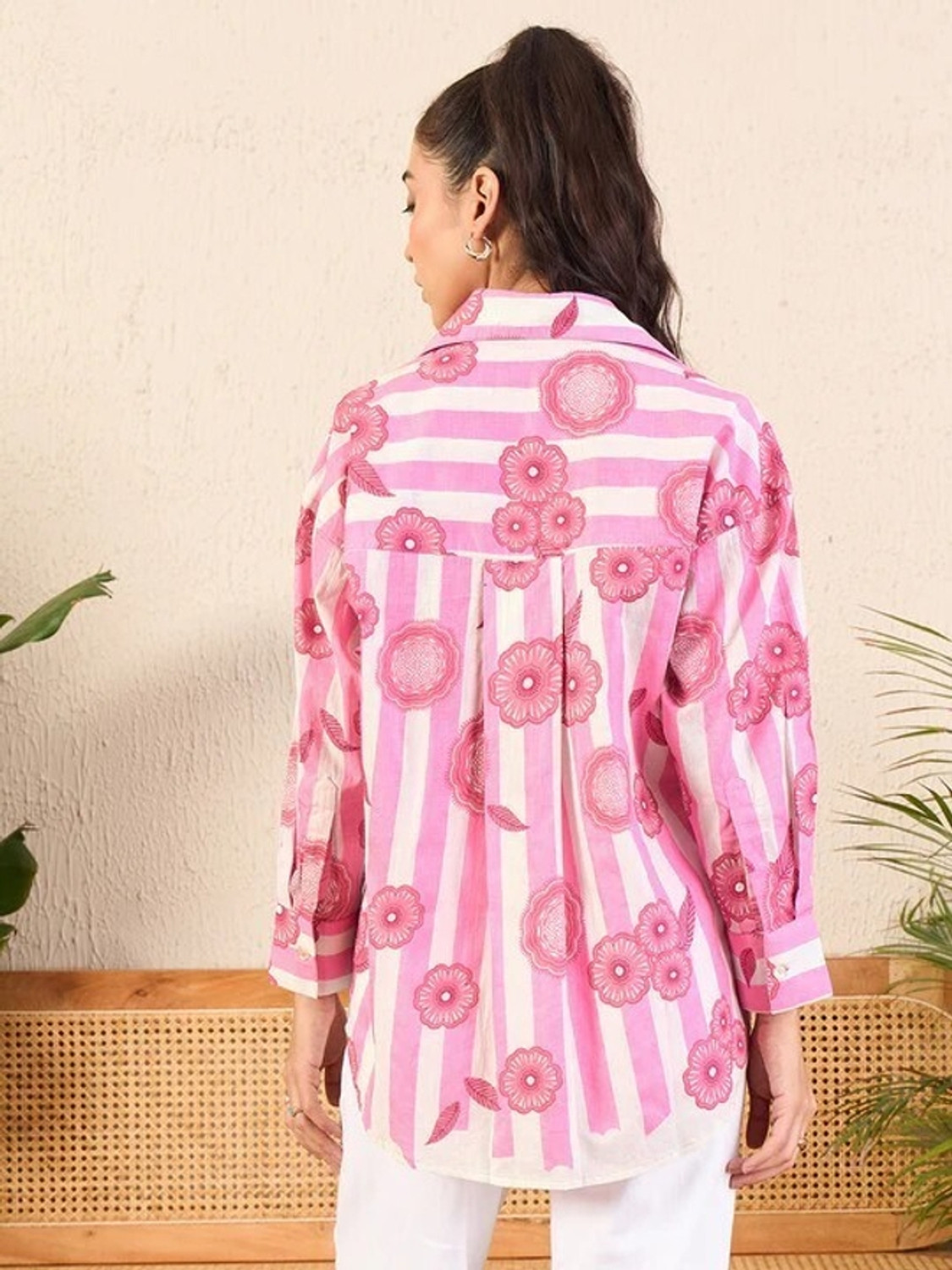 Image of Leriya Fashion Casual Striped, Floral Print Women Pink Top