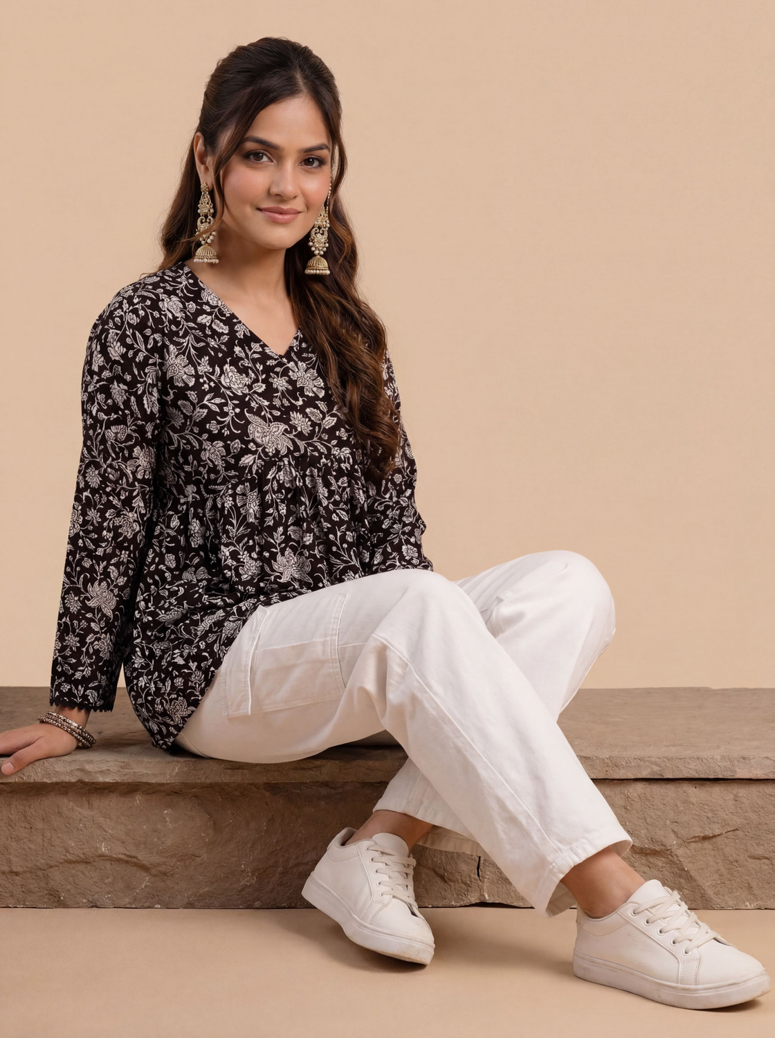 Image of glamson Casual Floral Print, Printed Women Black Top