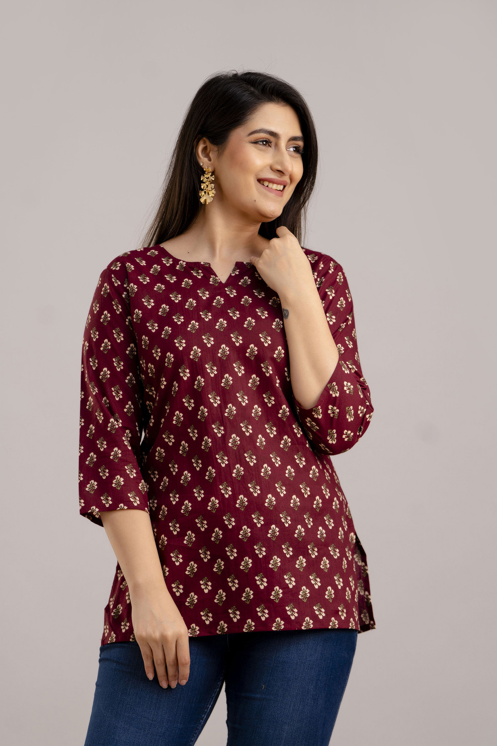 Image of New RJP Craft Casual Printed Women Maroon Top