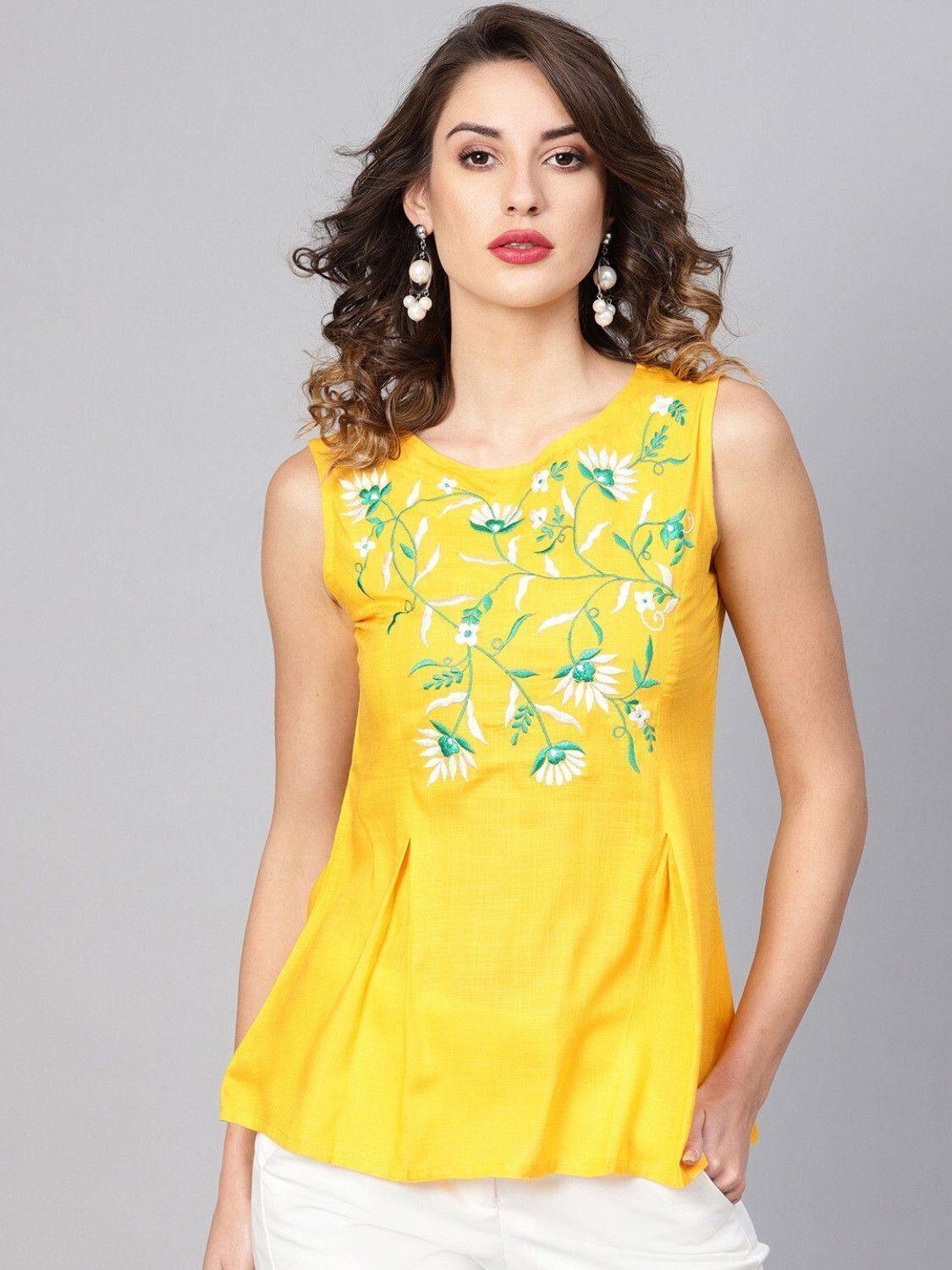 IKRASS Casual Embroidered Women Yellow Top