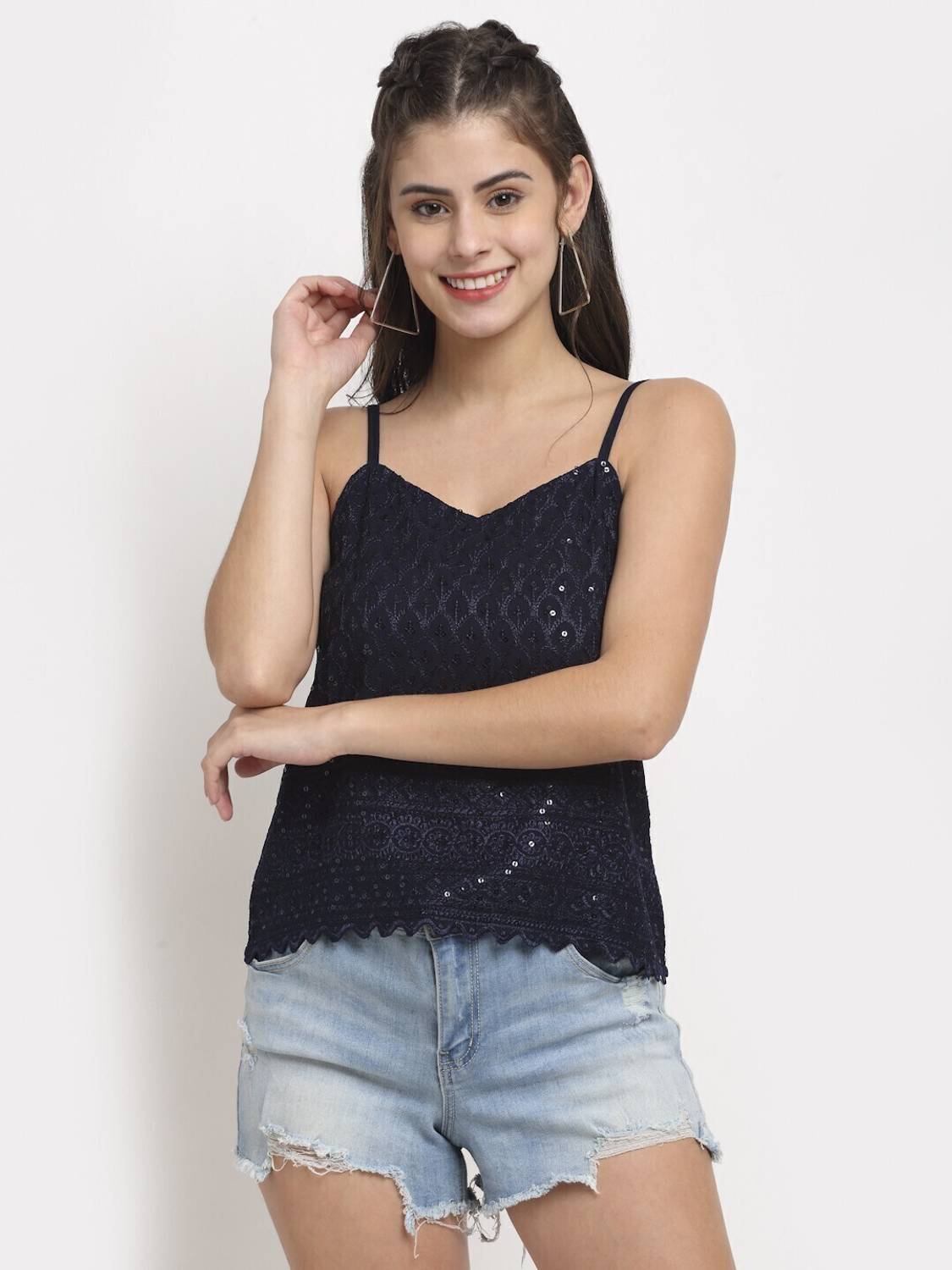 BRINNS Casual Embroidered Women Blue Top