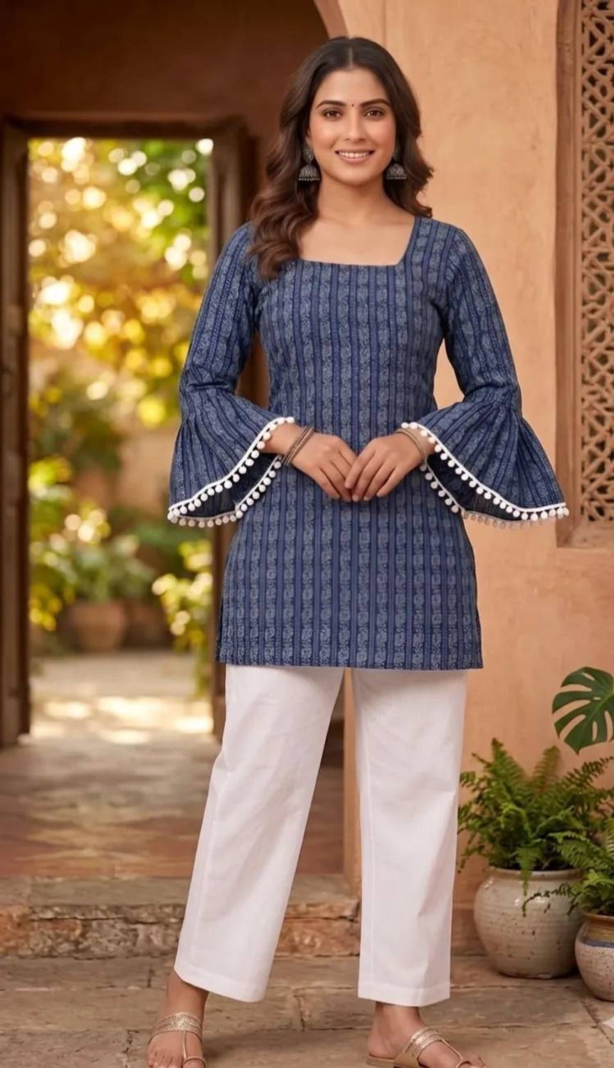 ONLINESHOPPING Women Printed Cotton Blend Straight Kurta (Blue)