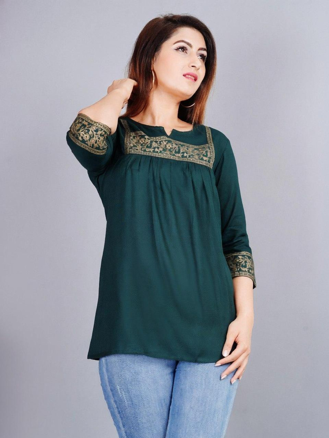 Image of Angarkha Casual Embroidered, Floral Print Women Green Top