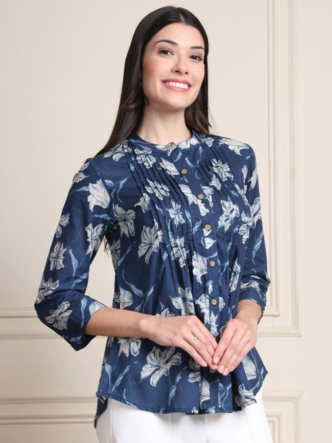 Image of WESTETHNIC Casual Floral Print Women Blue Top