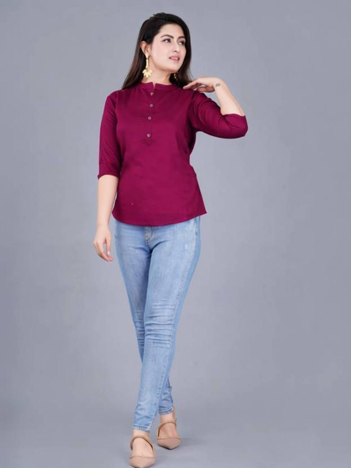 Moda Casa Casual Solid Women Maroon Top