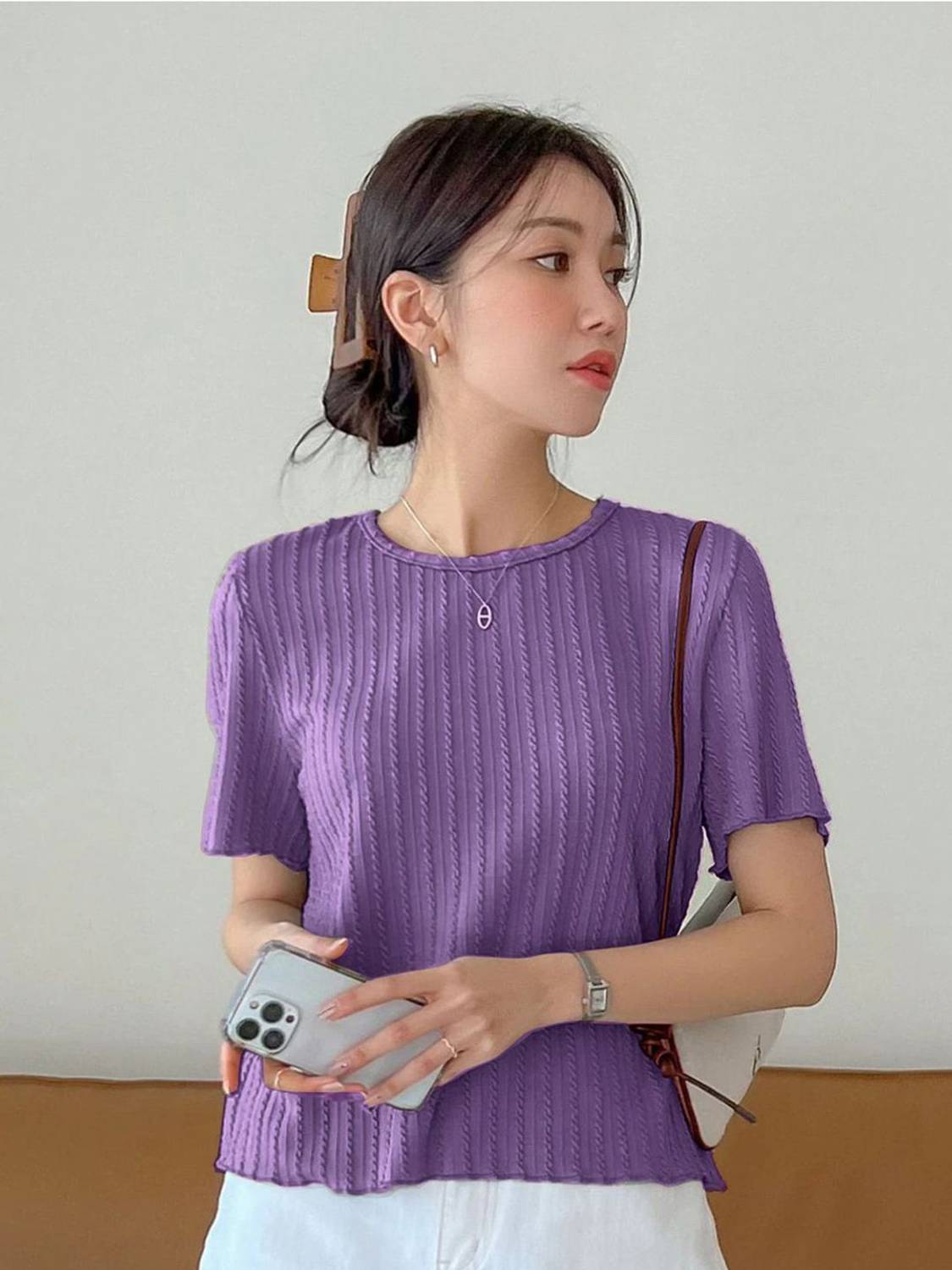 1stLov Self Design Women Round Neck Purple T-Shirt