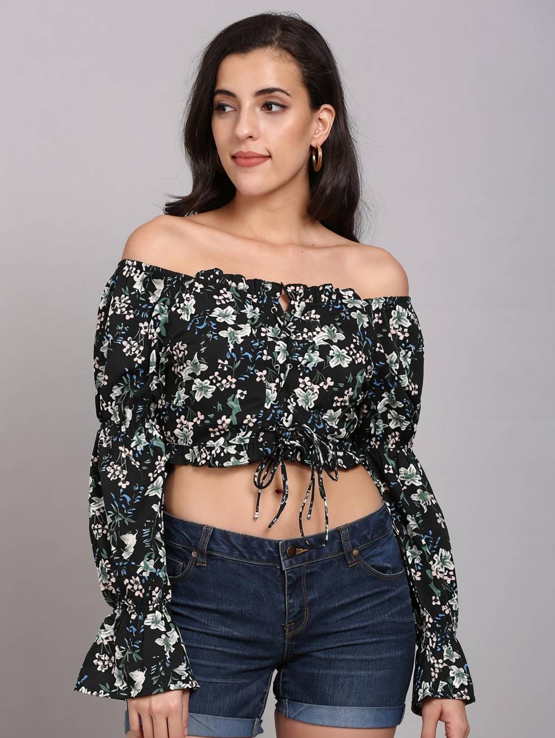 ADRIANA Casual Floral Print Women Black Top
