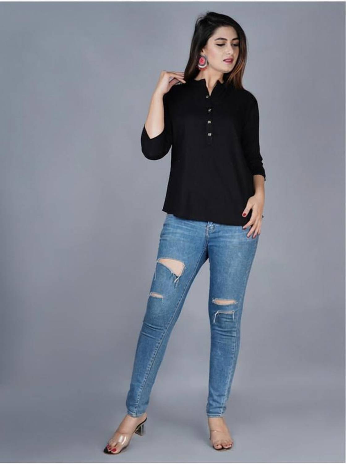 4K FASHION Casual Solid Women Black Top