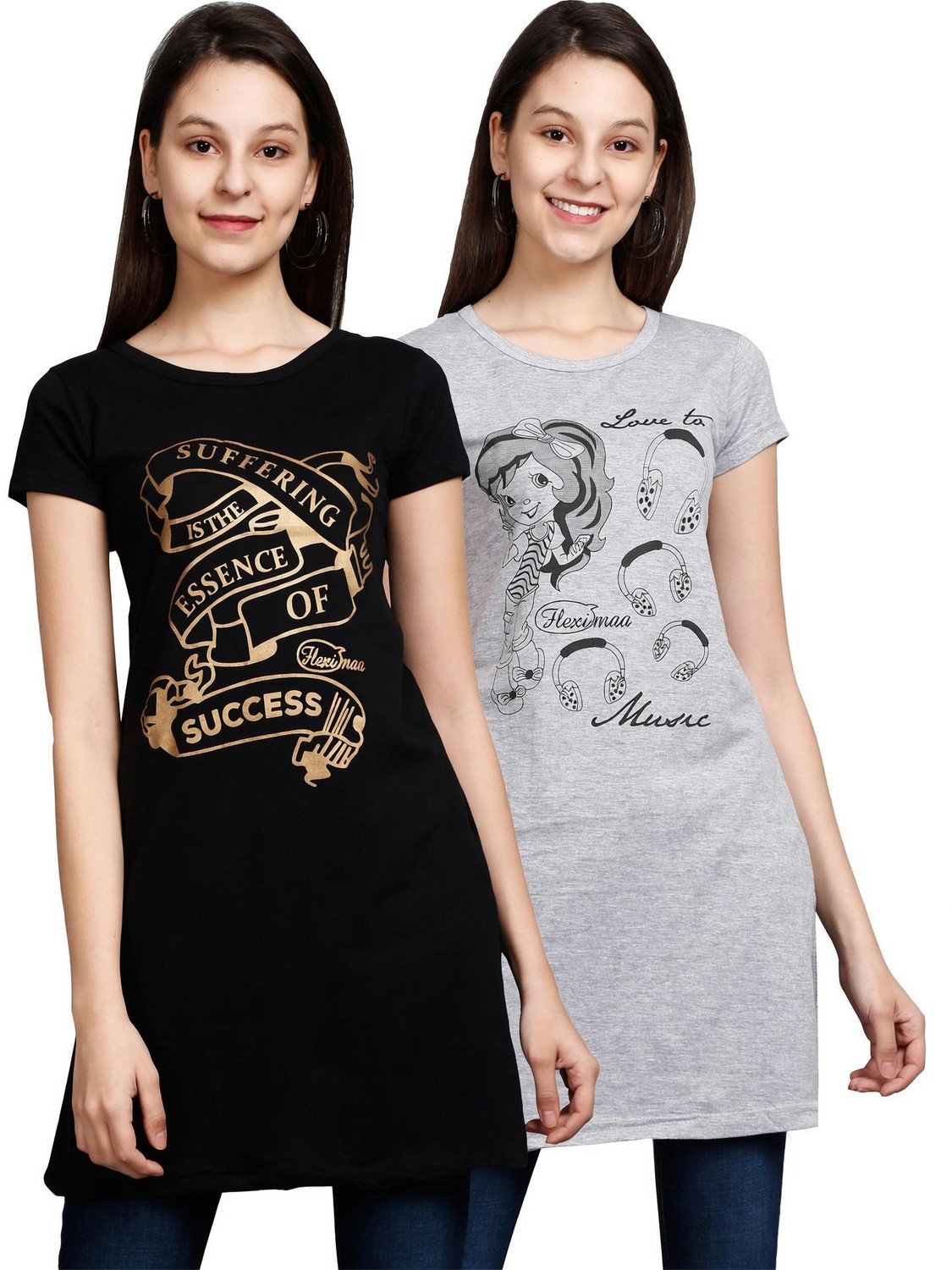 Image of Fleximaa Casual Short Sleeve Printed Women Black, Grey Top
