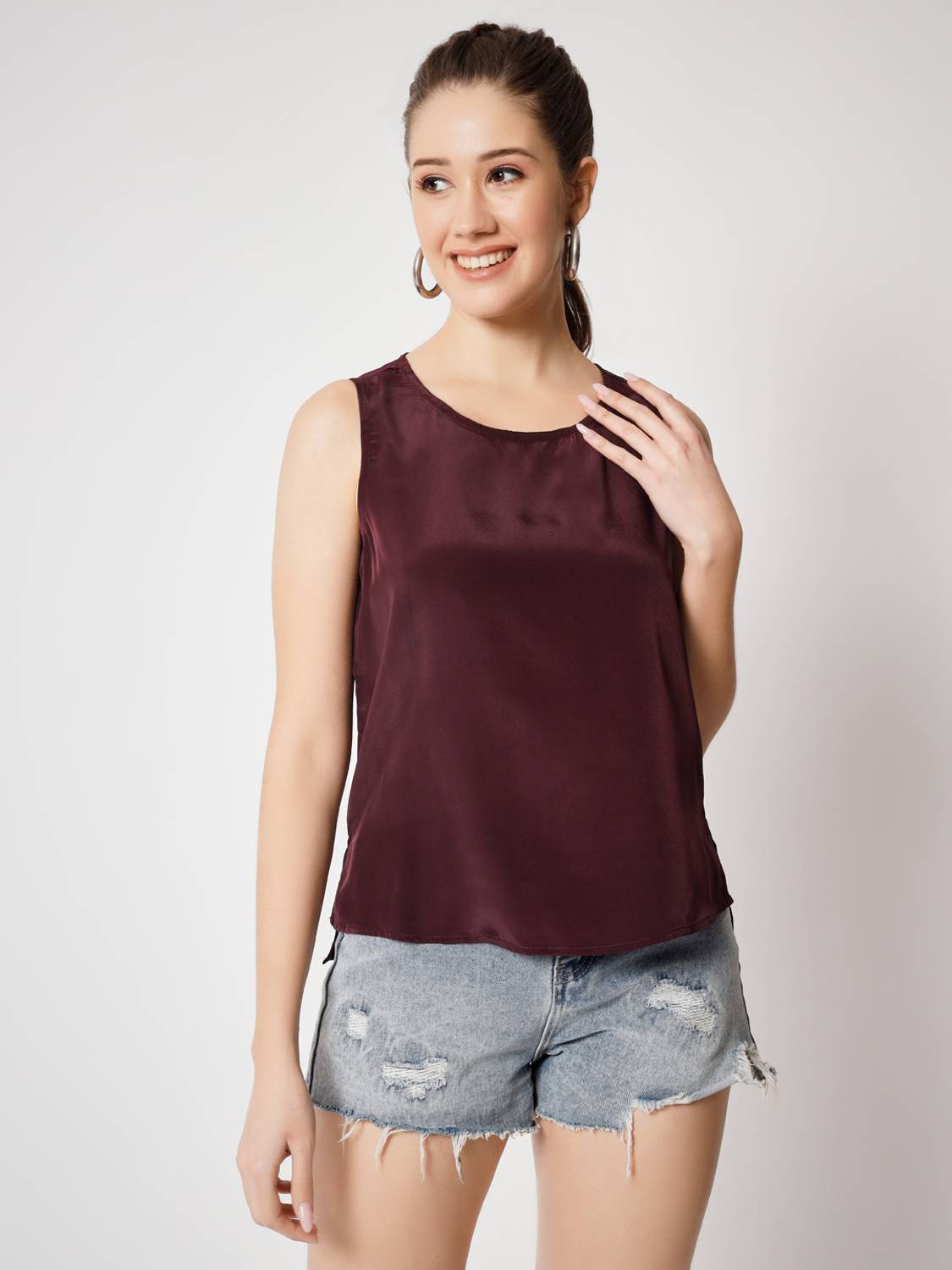 CHARMGAL Casual Solid Women Maroon Top