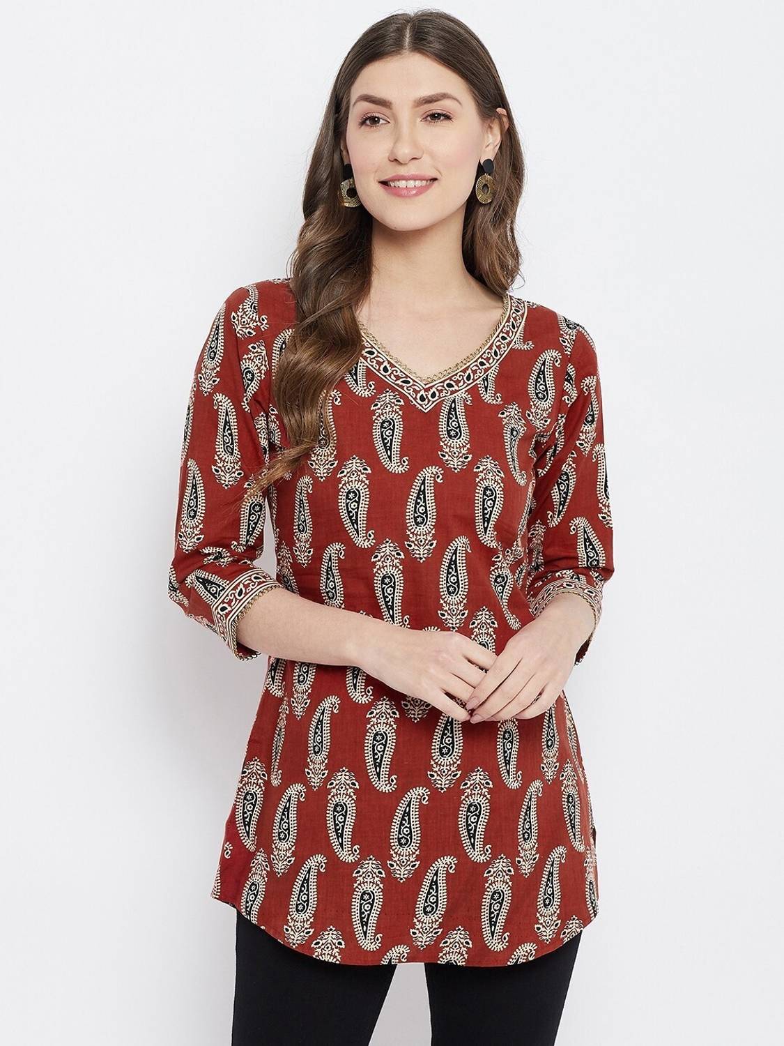Meesan Women Printed Cotton Blend A-line Kurta (Brown)