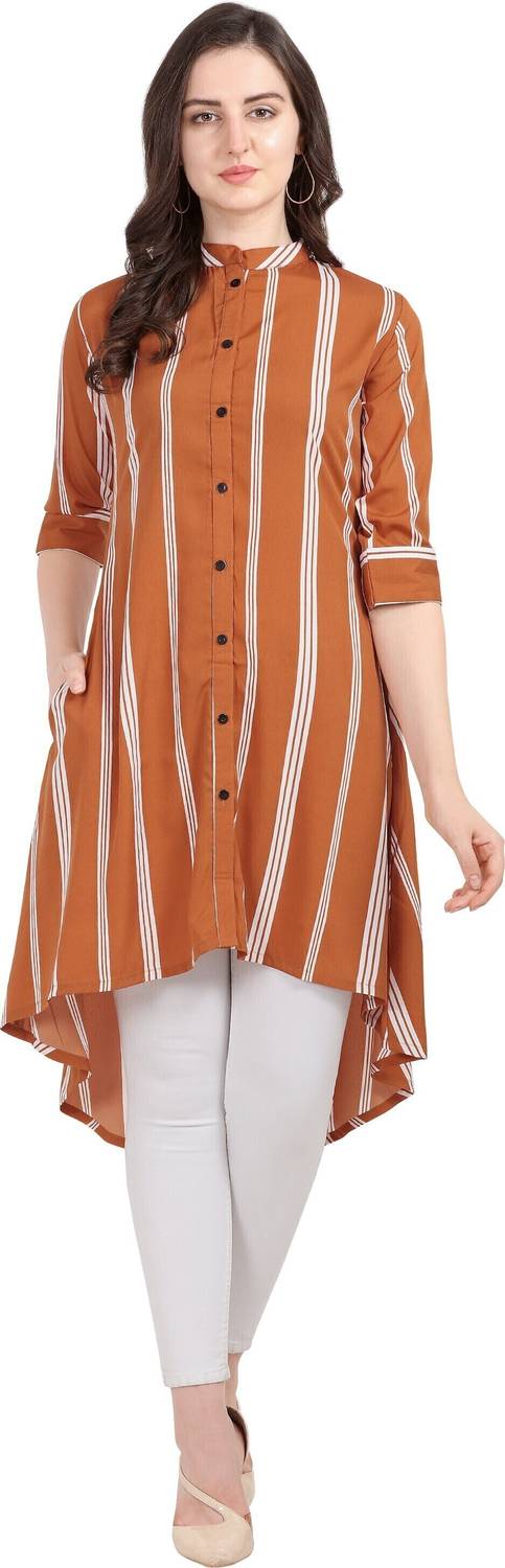 FashFun Casual 3/4 Sleeve Striped Women Orange, White Top