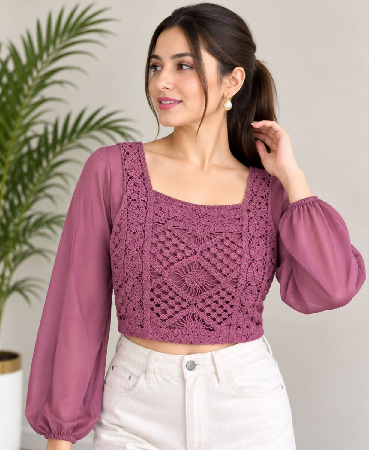 Image of urbanVyntra Party Balloon Sleeve Self Design Women Pink Top