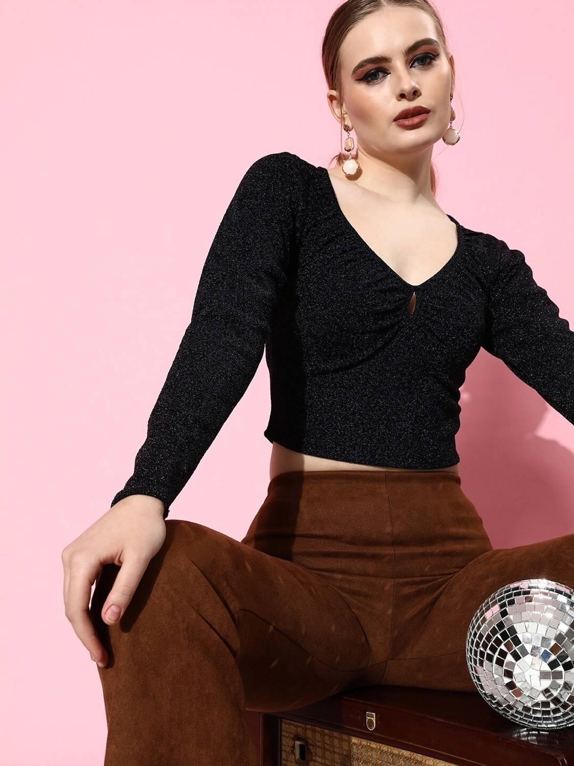 4WRD by Dressberry Party Self Design Women Black Top