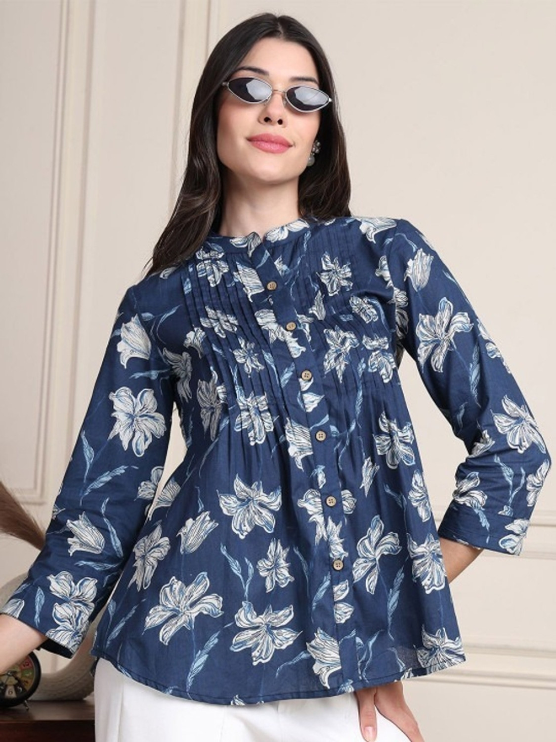 Image of WESTETHNIC Casual Floral Print Women Blue Top