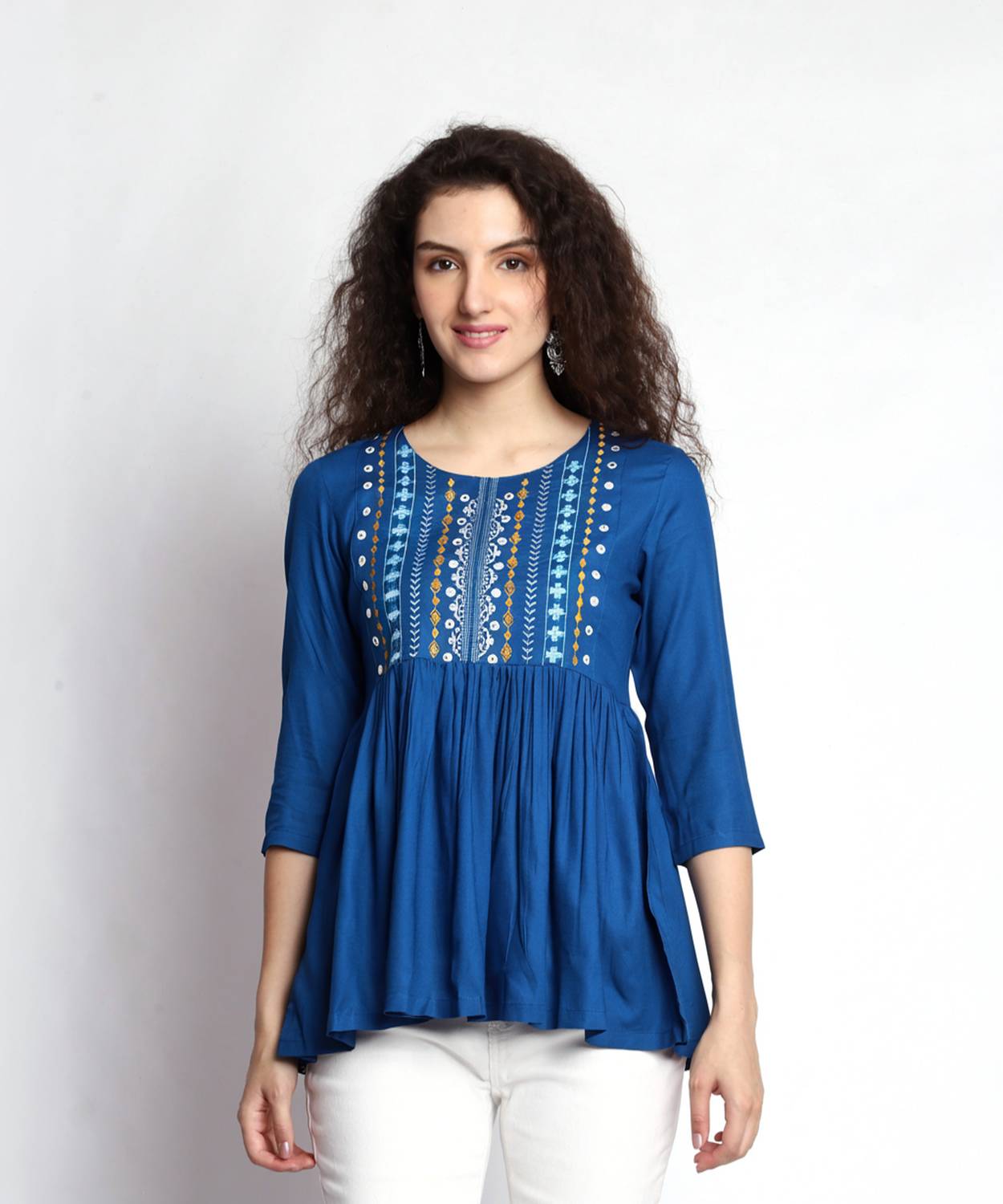 bodhaa Casual Embroidered, Solid Women Blue, White Top